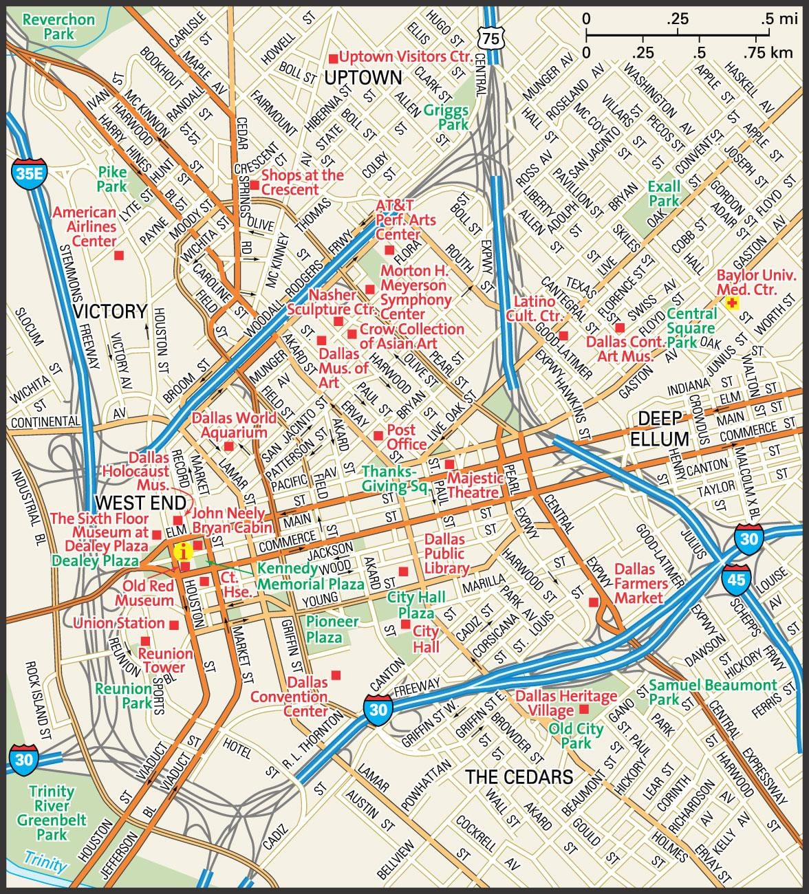 地図のダラスのダウンタウンの街並み
