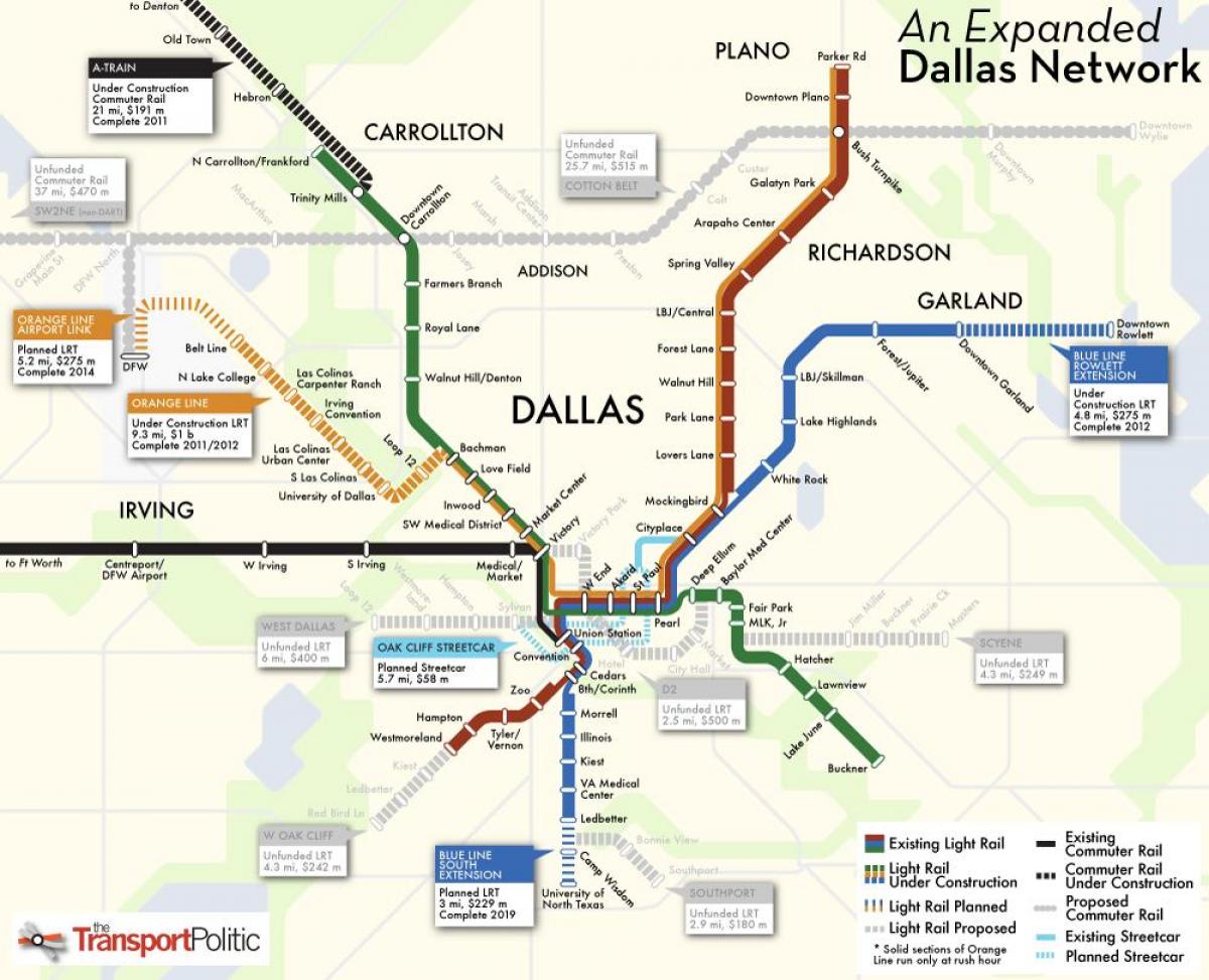 ダラスの電車システムの地図